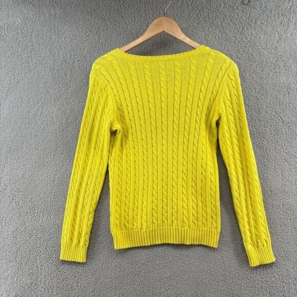 Lauren Ralph Lauren Cable Knit V-Neck Cotton Sweater Yellow Size Small Preppy - Picture 2 of 10